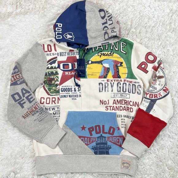 Polo Ralph Lauren Hoodie Polo Country Patchwork Multi Logo Mens Medium Dry Goods